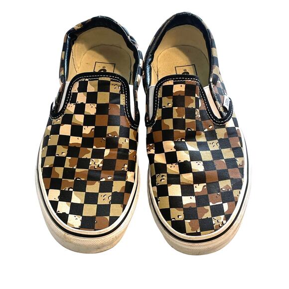 VANS Checkerboard Camo Desert Slip on Sneakers Womens 10.5 Mens 9 Brown Canvas - Picture 1 of 8